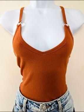 Rust Ribbed V-Neck Tank Adult Onesie - Women